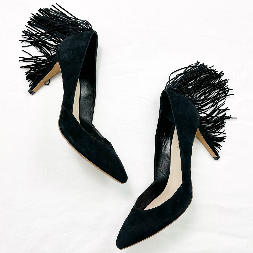 Loeffler Randall Pari Fringe Pumps Size 8.5 Black Heel Pointed Toe Suede Leather - Picture 13 of 13